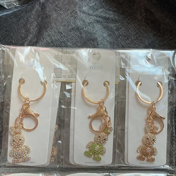 Mint Rhinestone Rabbit Keychain Trio - Picture 4 of 4